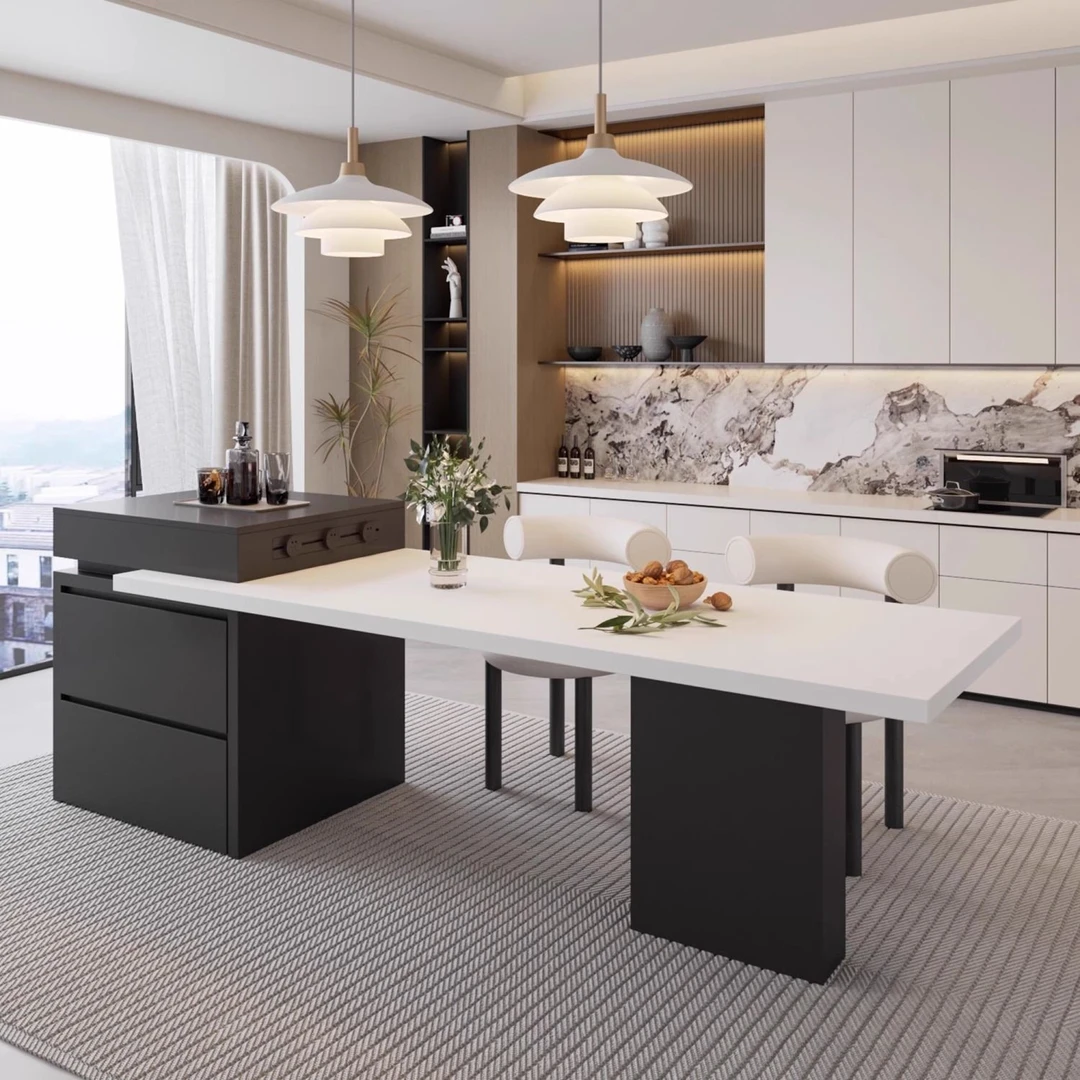 伸缩岩板岛台餐桌一体小户型家用现代厨房简约餐厅多功能意式新款