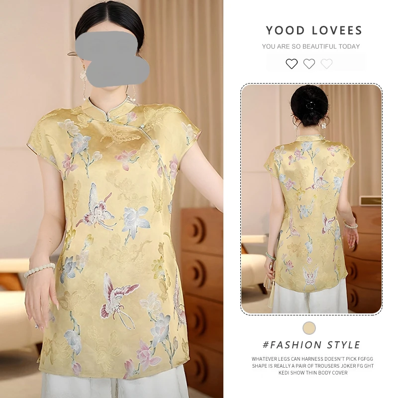 时尚上衣女斜襟盘扣短袖2025夏季中长款改良气质休闲衬衫潮新国风