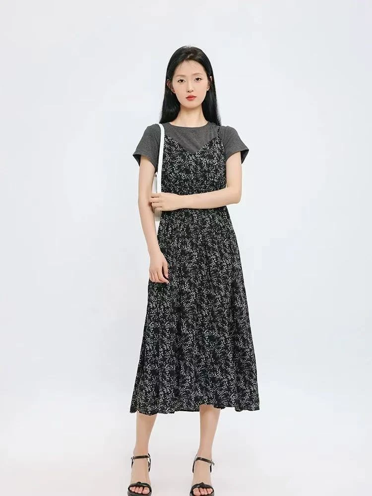 【W2005假两件】休闲时尚百搭洋气2025夏季新款短袖中长款连衣裙