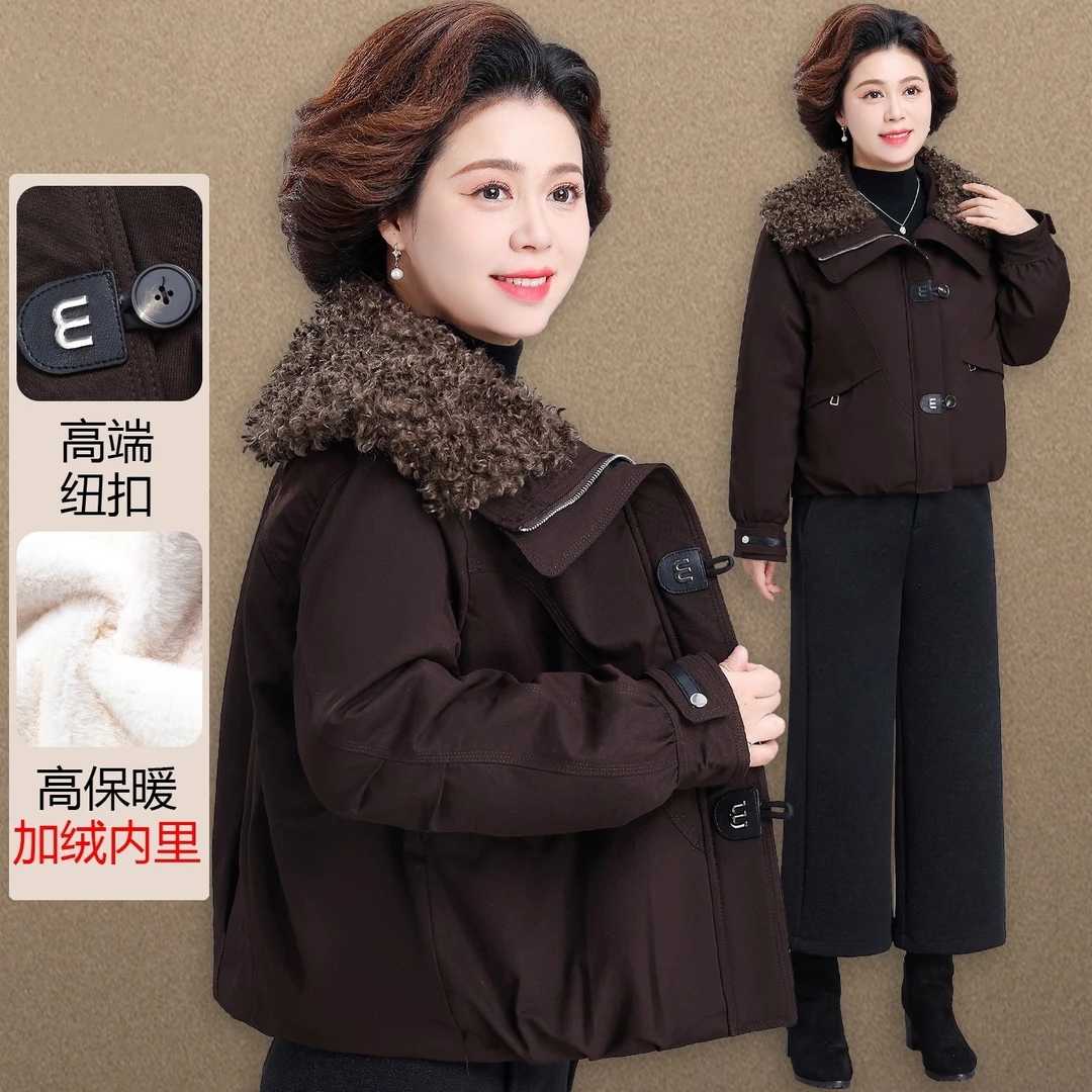 妈妈冬装棉袄外套加绒加厚气质中老年女款秋冬拼接羊羔毛领小棉袄