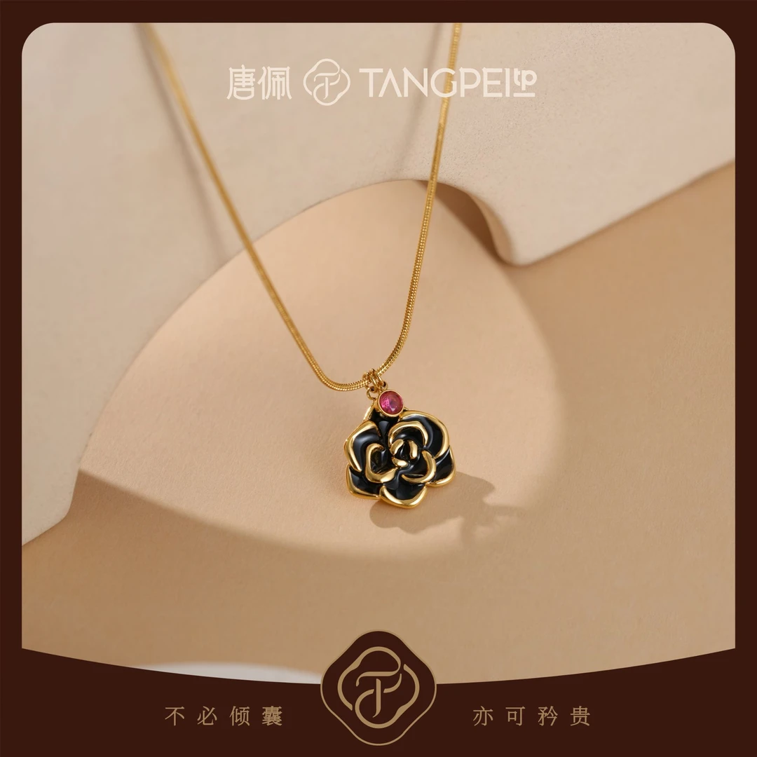 不锈钢项链 设计感复古黑色花朵项链气质百搭简约高级时尚饰品