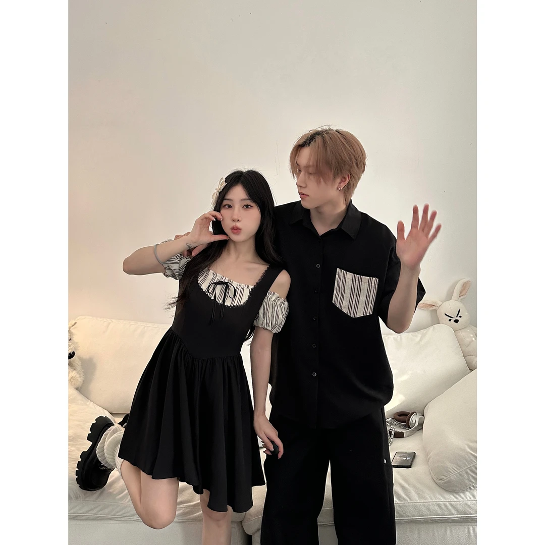 小众设计感情侣装夏季2025韩版短袖衬衫+连衣裙法式一裙一衣ins潮