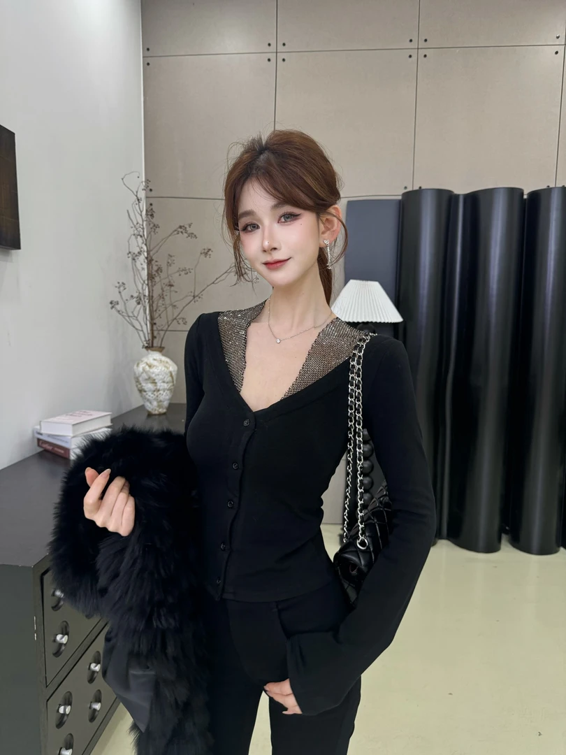 ②【碎钻星河】小众款重工烫钻网纱拼接气质磨毛加绒修身假两件小衫