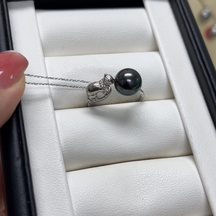 戒圈海水珍珠银S925镶嵌大溪地8-9mm52号