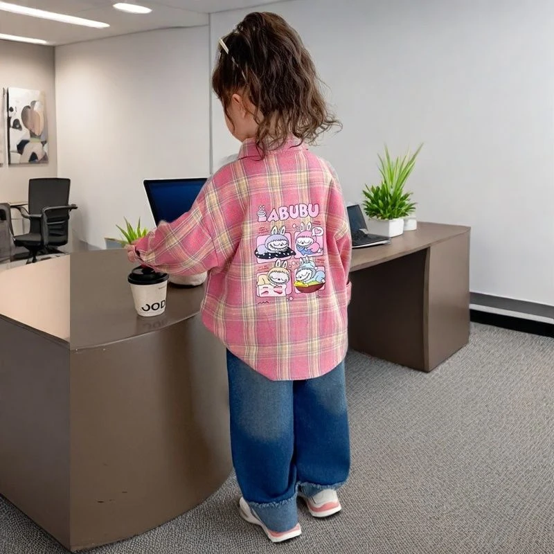 女童拉布布衬衫春秋季宝宝格子上衣洋气开衫外套儿童秋装长袖衬衣