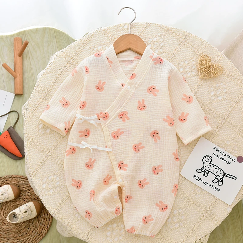 婴儿连体衣薄款长袖夏季外穿新生儿和尚服哈衣宝宝偏襟纱布空调服