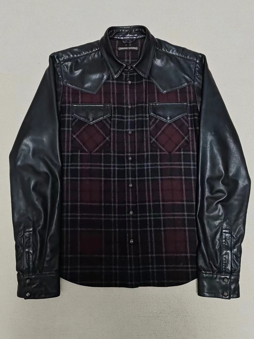 99新 Chrome Hearts/克罗心 L码 羊毛格纹羊皮袖十字架拼皮衬衫