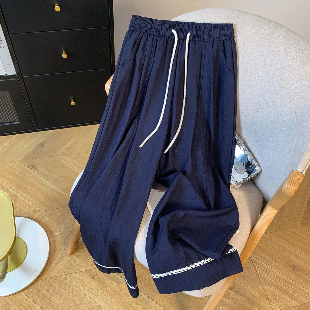 2- 300斤胖妹妹蕾丝拼接阔腿裤女夏季高腰显瘦九分直筒冰丝山本裤