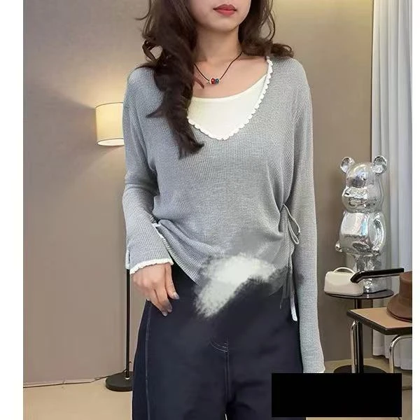 胸104-170长65内搭外穿抽绳掐腰显瘦长袖百搭三片式针织上衣 1629