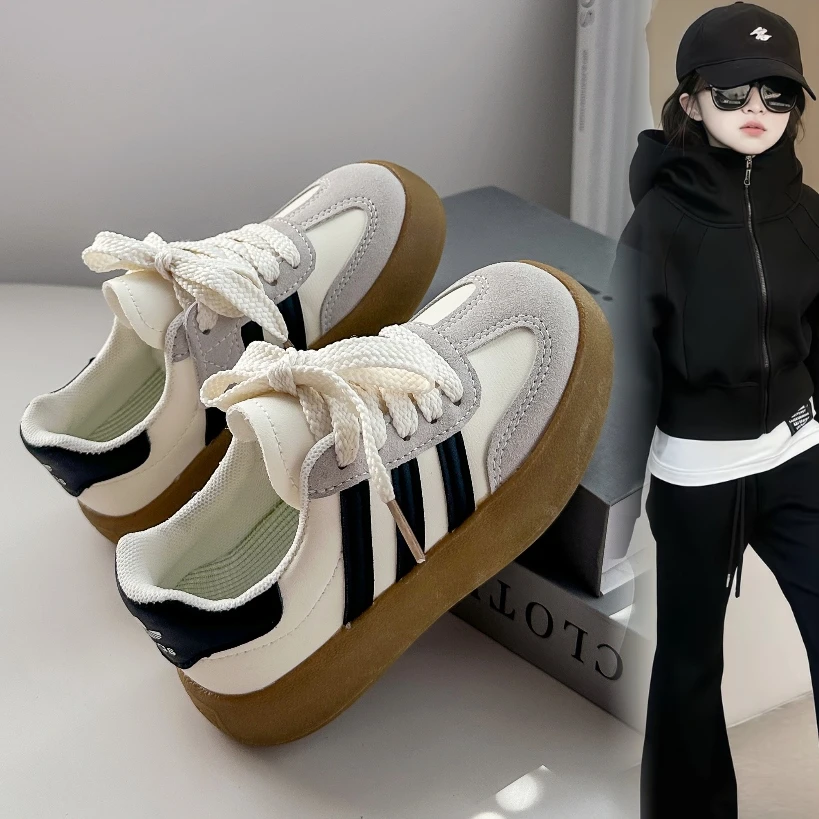 女童休闲板鞋2025春秋新款儿童德训鞋男童运动鞋女宝宝皮面阿甘鞋