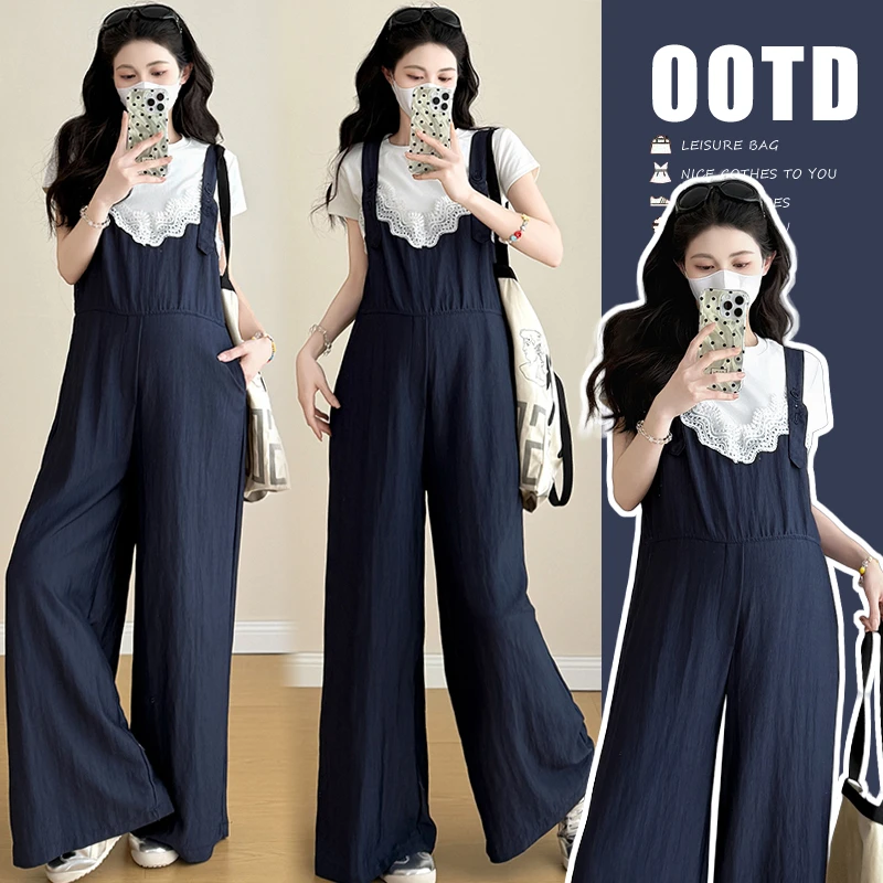 时髦孕妇装新款花边拼接慵懒风休闲背带裤+T恤时尚洋气显瘦两件套