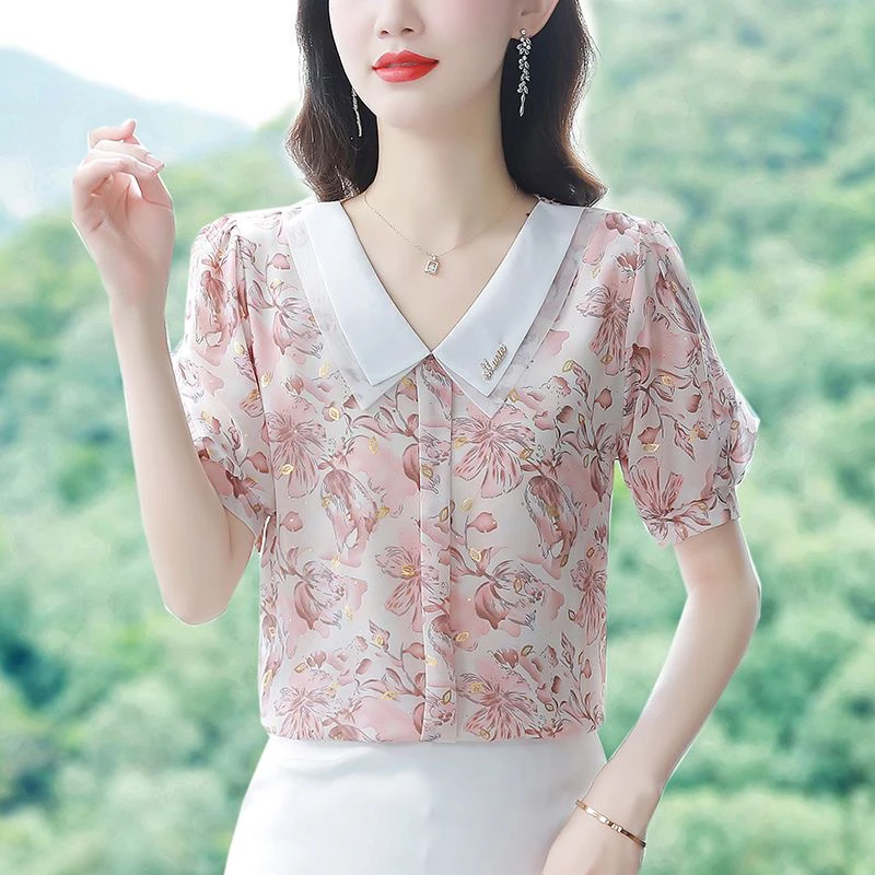 高档雪纺小衫女2025新款夏季洋气质显瘦时尚碎花短袖娃娃领上衣