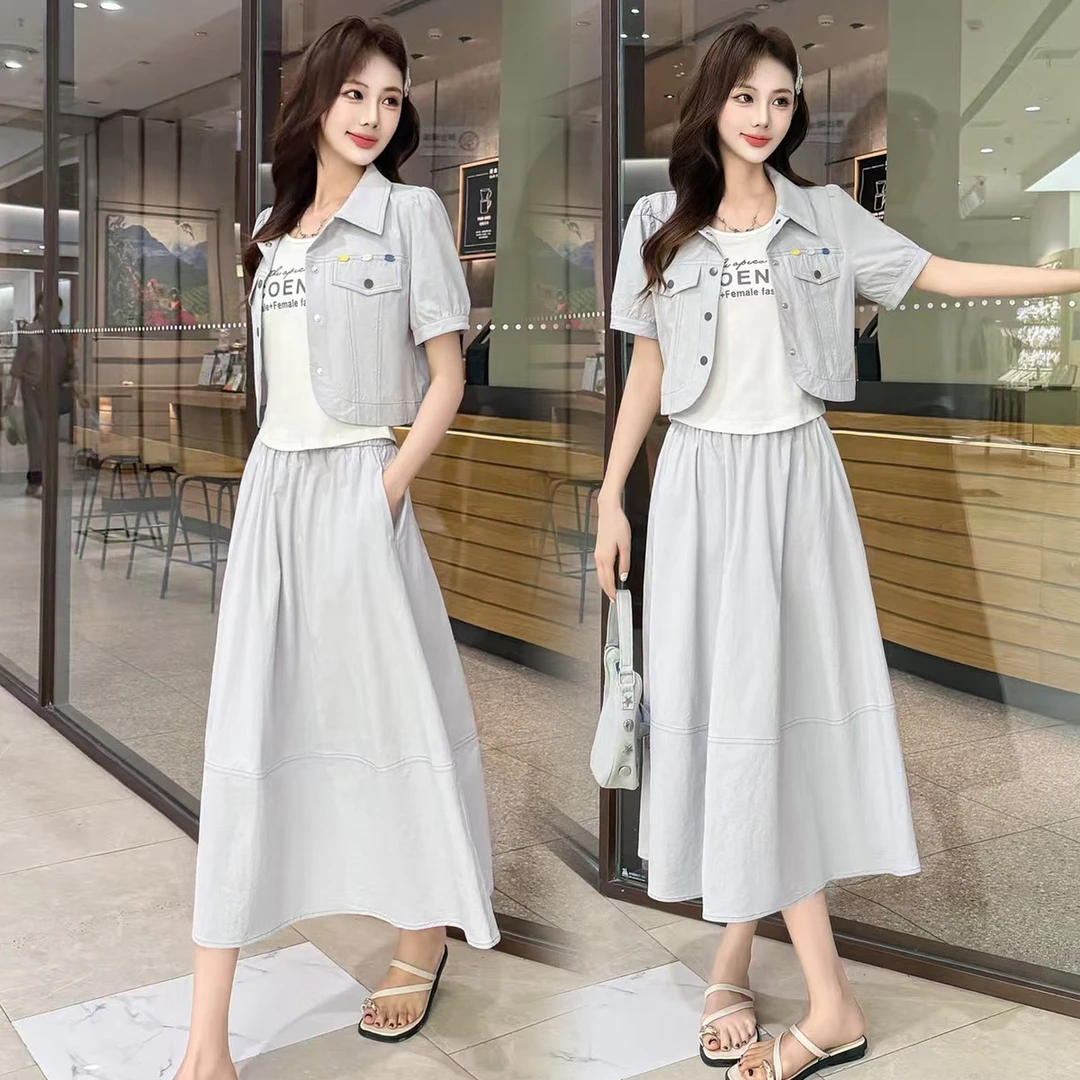 夏季套裙时尚小仙女年新款短袖外套+背心+半身裙三件套套装潮