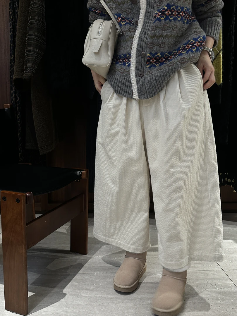 【进口匹马棉白裤子】全松紧腰灯芯绒打褶阔腿裤  J25KZ798