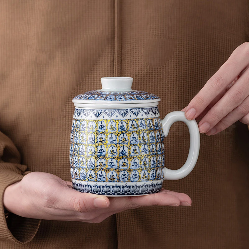 敦煌风陶瓷过滤泡茶杯家用带盖马克杯茶水分离杯子个人专用杯定制