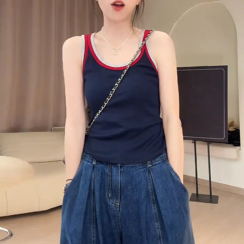 美式复古撞色拼接U领无袖背心女2025夏季潮流修身显瘦打底衫上衣