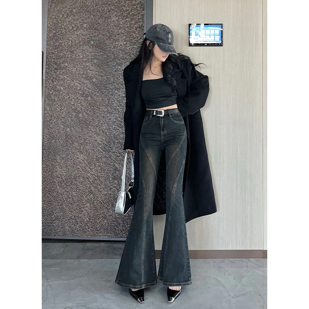 牛仔裤显瘦高腰复古长裤修身裤子春秋时尚欧美微喇叭春季8358