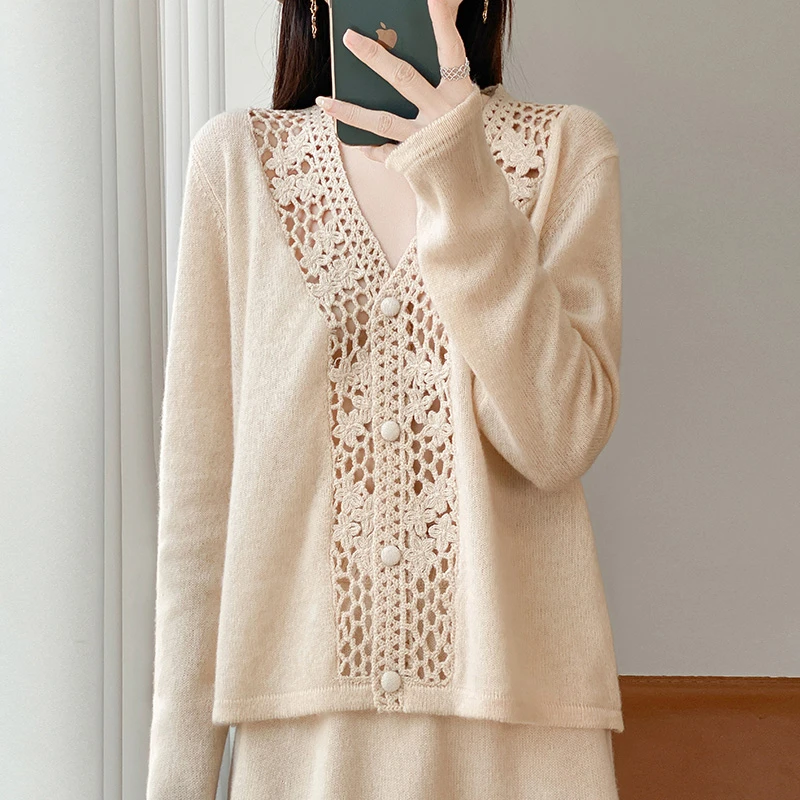 100纯羊毛V领镂空钩花针织开衫女宽松显瘦百搭开衫外套上衣