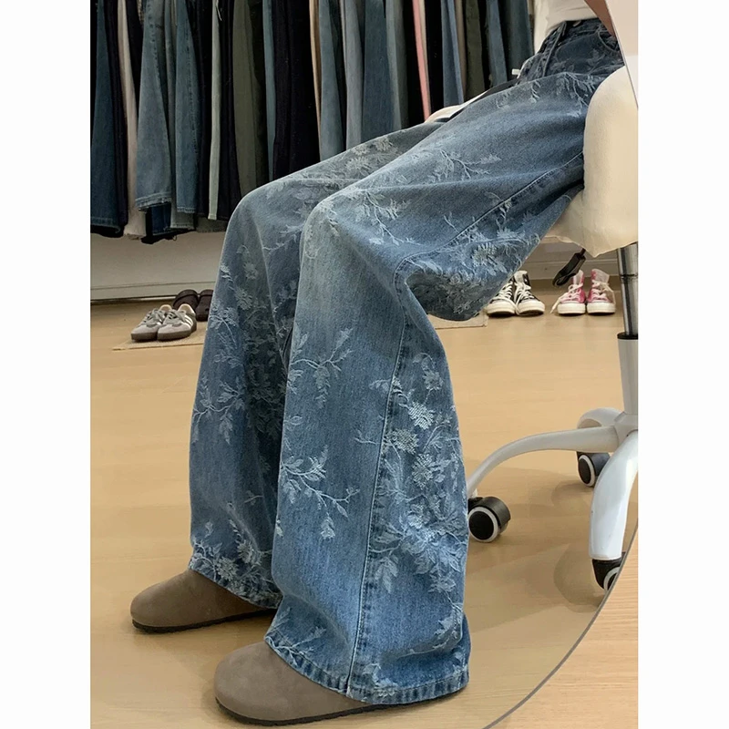 蓝色提花刺绣牛仔裤女2025秋季新款设计感宽松显瘦时尚百搭阔腿裤