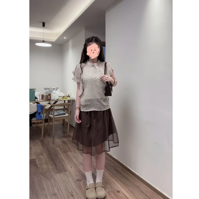 韩系波点雪纺衬衫女装新款后背系带收腰上衣+网纱拼接棕色半身裙