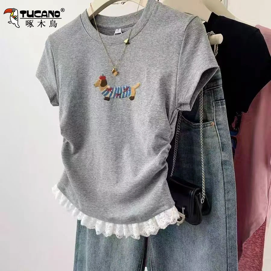 啄木鸟蕾丝花边棉短袖t恤女夏季2025新款小个子修身时尚上衣女