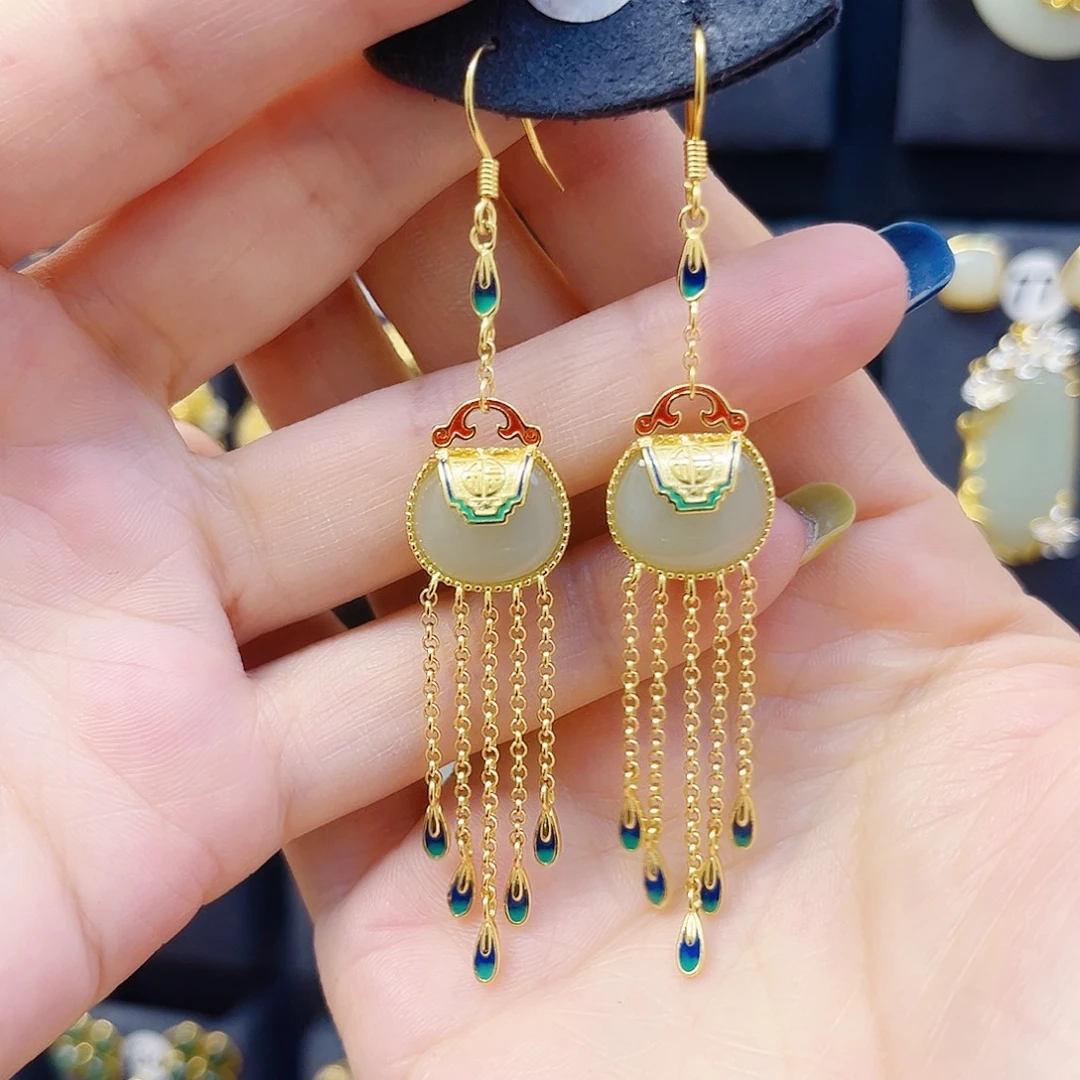 和田玉银S925镀金镶嵌耳饰