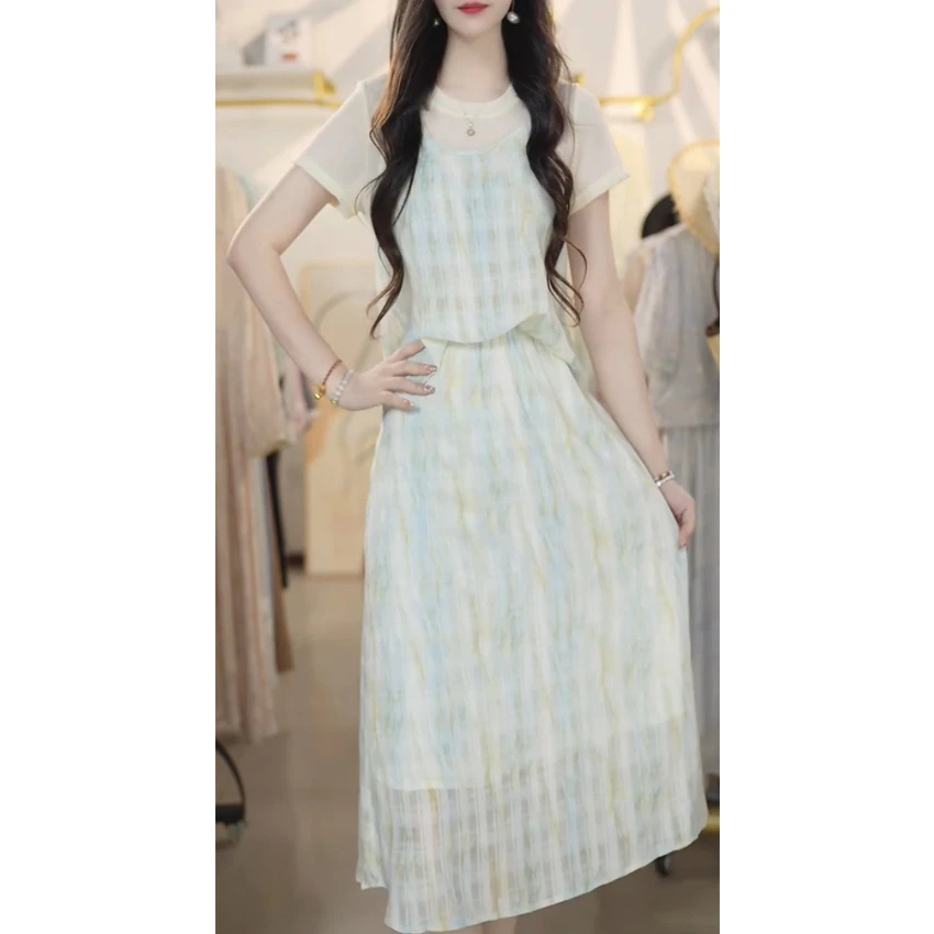 L5326 假三件套连衣裙女遮肚子2025夏季宽松显瘦时尚减龄套装长裙