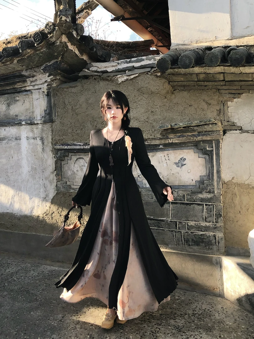 月半鱼【袅袅青烟】新中式禅意风半身裙女春季复古水墨晕染半身长裙