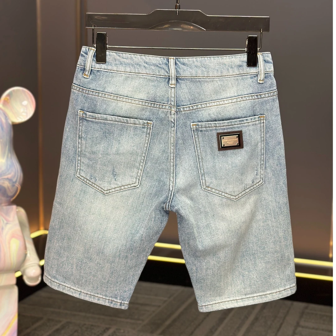 【高品轻奢】【破洞潮流设计】新款蓝色牛仔软面料短裤时尚潮流五分裤