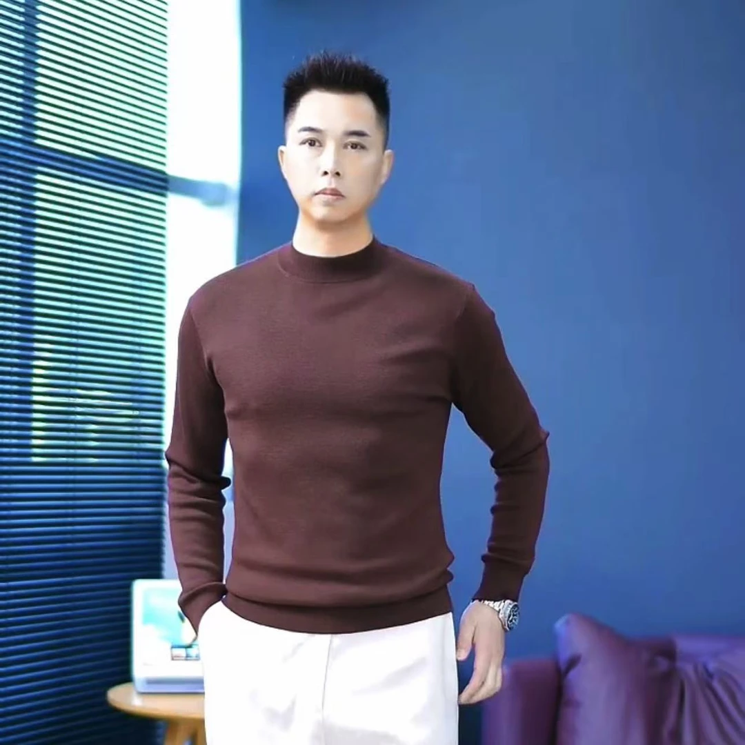 精纺加厚可机洗男士秋冬纯羊毛衫半高领圆领纯色打底针织衫毛衣