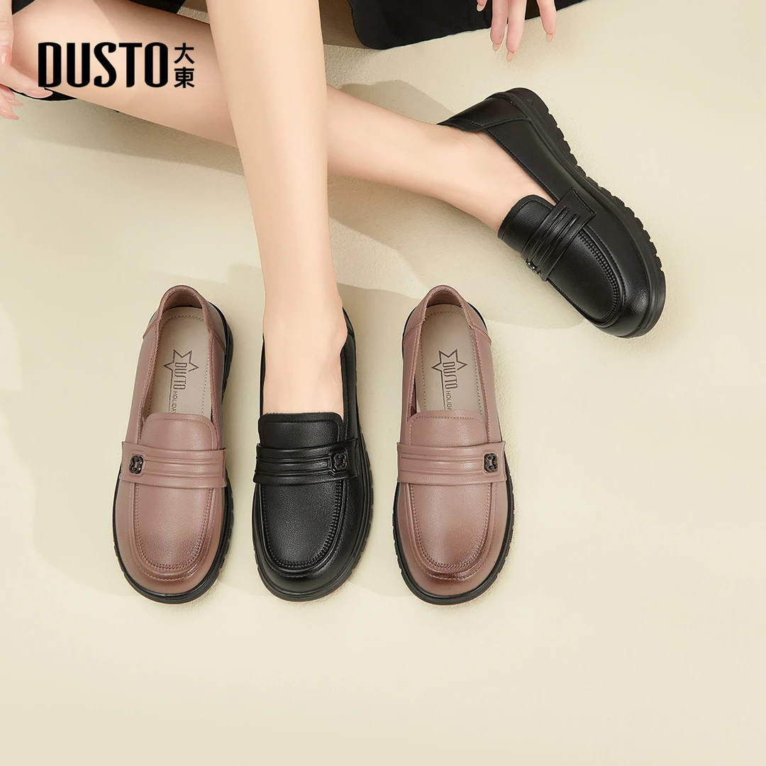 大东乐福鞋2025中老年简约时尚皮鞋单鞋舒适不累脚平底妈妈鞋5003