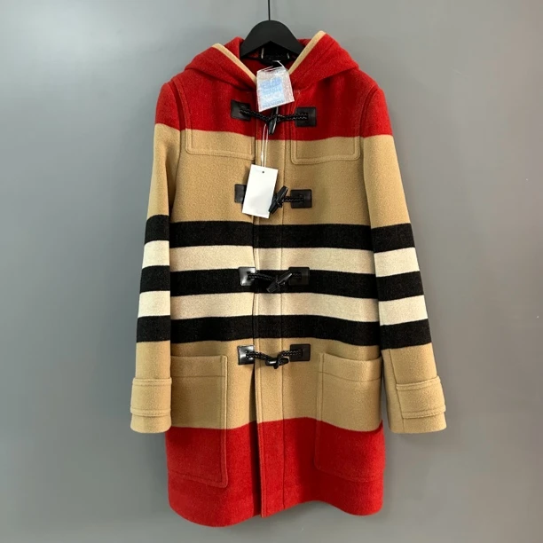 95新 BURBERRY/博柏利 Burberry卡其色拼色条纹牛角扣大衣外套