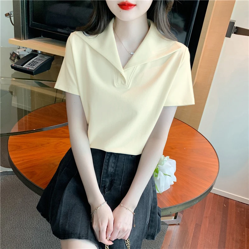 2025新款法式海军领上衣短袖T恤女士夏季别致polo衫甜美减龄衬衫