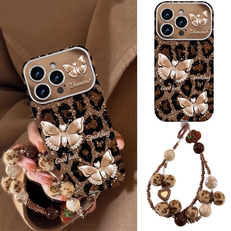 豹纹幸运蝴蝶适用苹果16promax手机壳15pro全包防摔14plus保护套