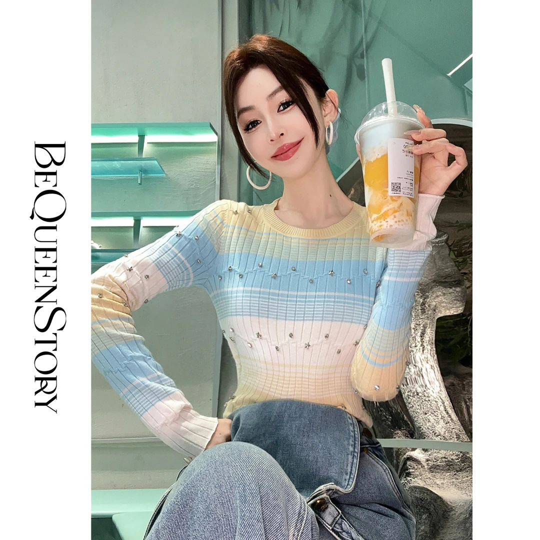 余潇潇【星晴调色盘】羊毛混纺渐变条纹亮钻圆领毛衣2025新款