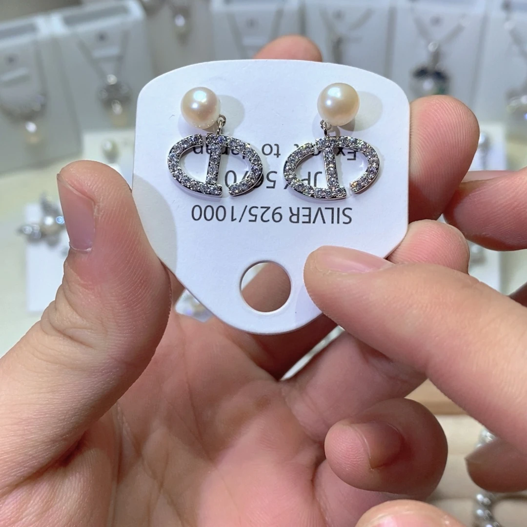 耳坠银S925镶嵌淡水珍珠