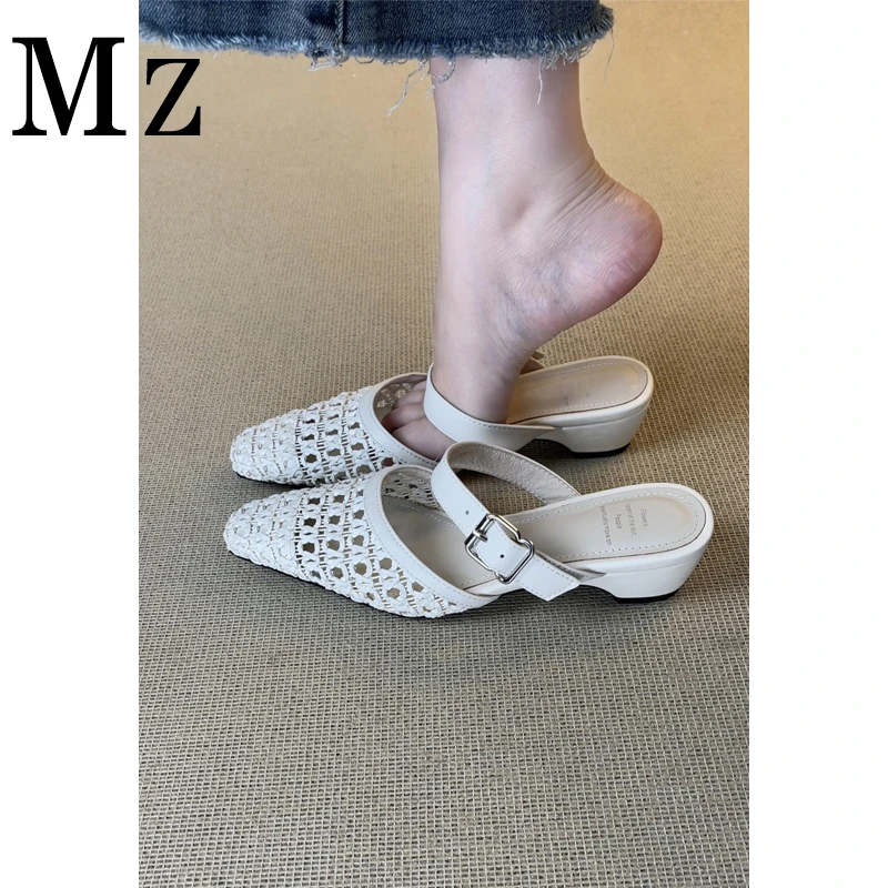 Mr.Zheng/4cm/夏季度假风编织一字带后空法式包头凉拖鞋休闲女鞋
