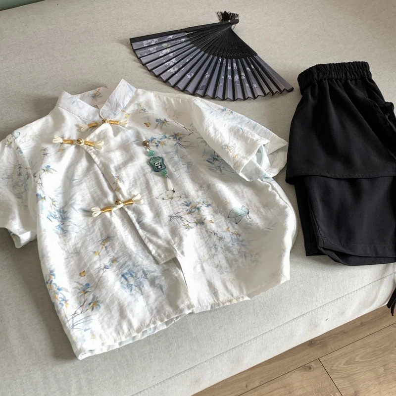 男童新中式套装流连戏蝶短袖飘带短裤儿童两件套2025新 12336