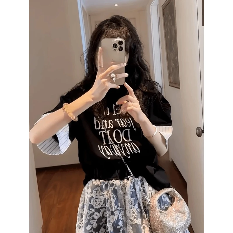 时尚设计感印花短袖T恤女黑色宽松显瘦气质减龄法式拼接小众上衣
