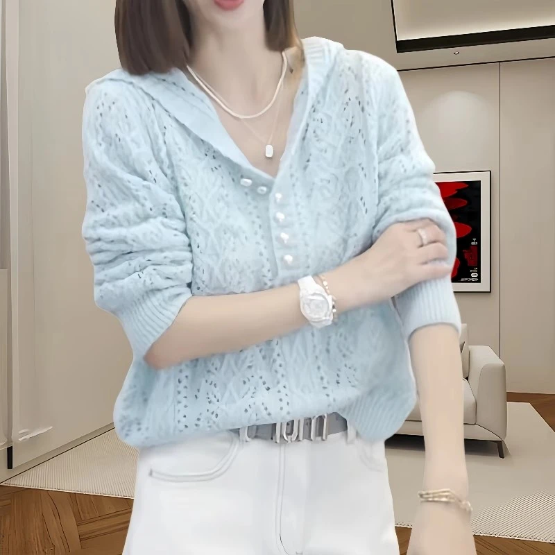 钩花镂空连帽针织衫女春季薄款毛衣2025新款温柔慵懒风长袖上衣女