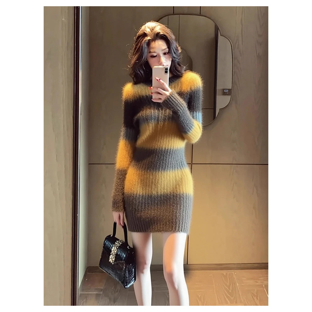 出席重要场合的裙子高端精致小个子轻熟小香风咖色撞色针织连衣裙