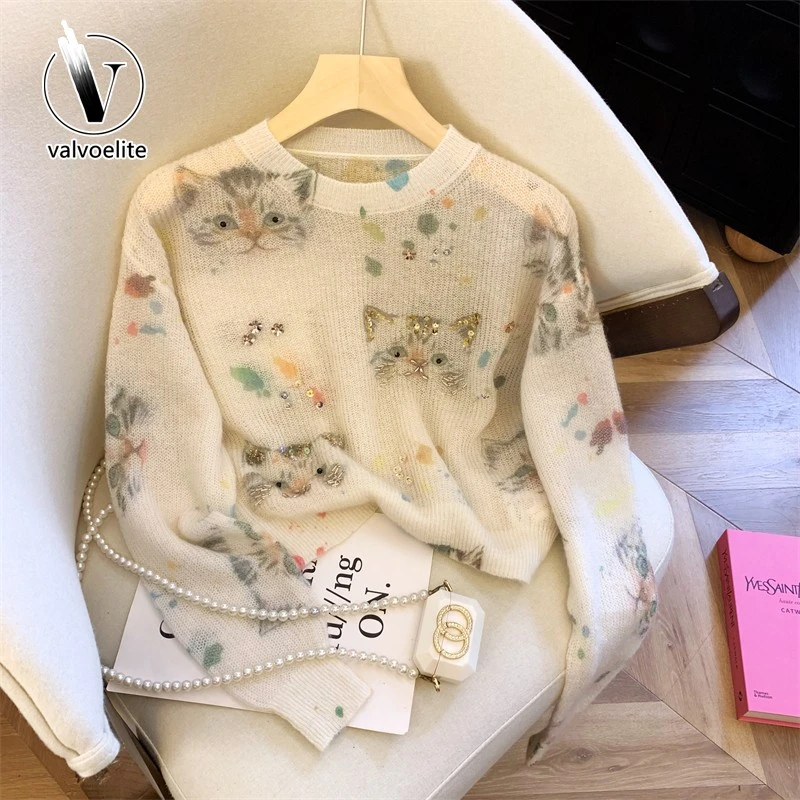 VALVOELITE流行秋季针织衫温柔百搭减龄上衣时尚长袖打底圆领套头