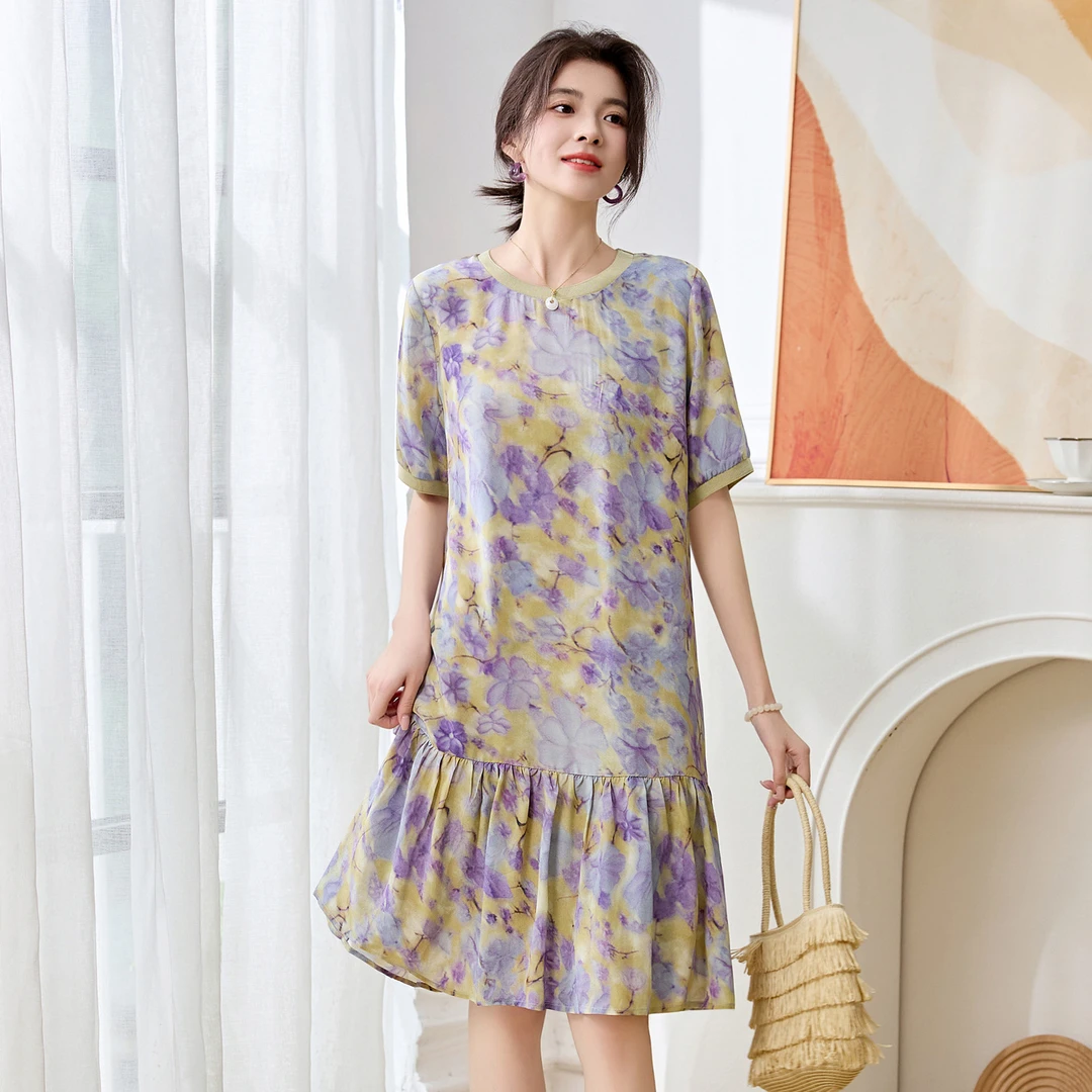 真丝连衣裙女短袖2025新款夏季短袖时尚印花欧美宽松桑蚕丝中长裙