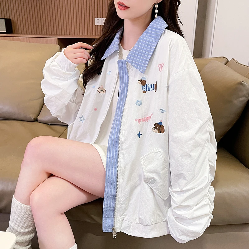 美式学院风刺绣翻领夹克女大童春秋2025新款初高中生冲锋衣外套潮