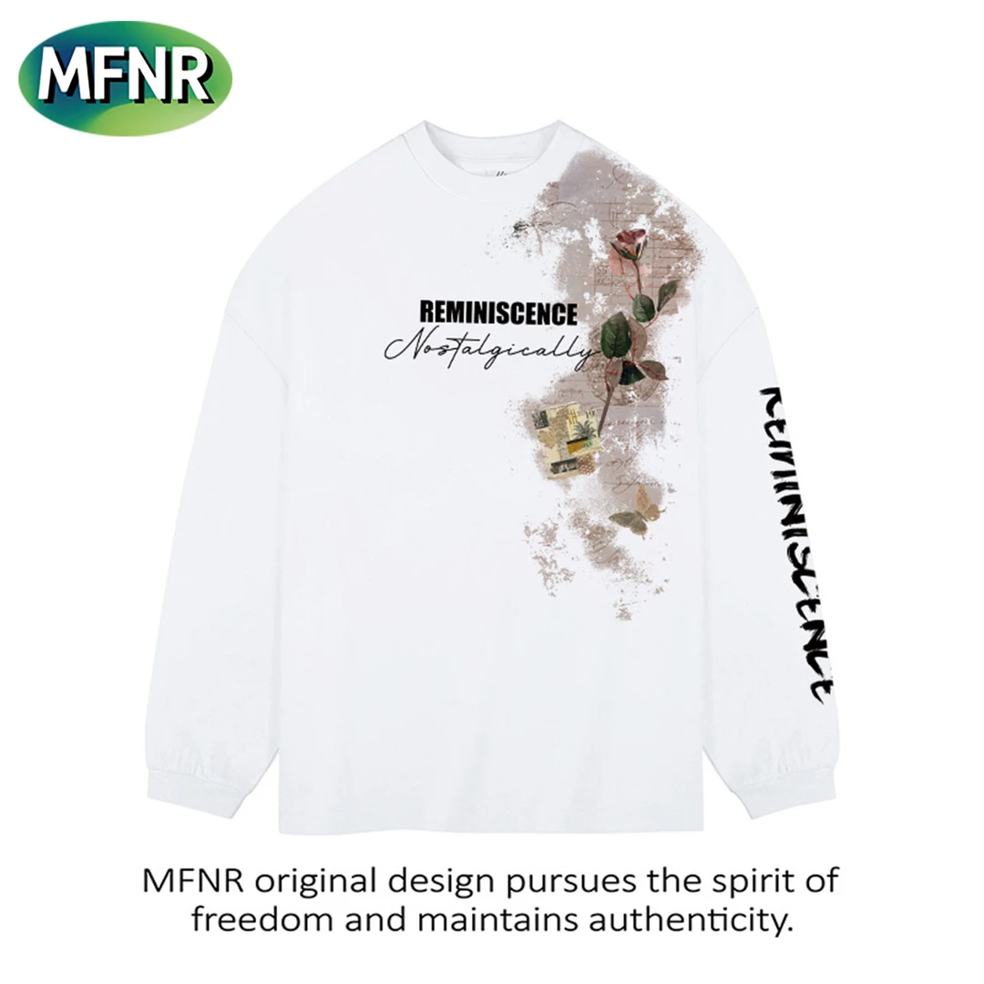 美式重磅纯棉长袖T恤男女秋季设计感印花圆领情侣街头打底上衣潮