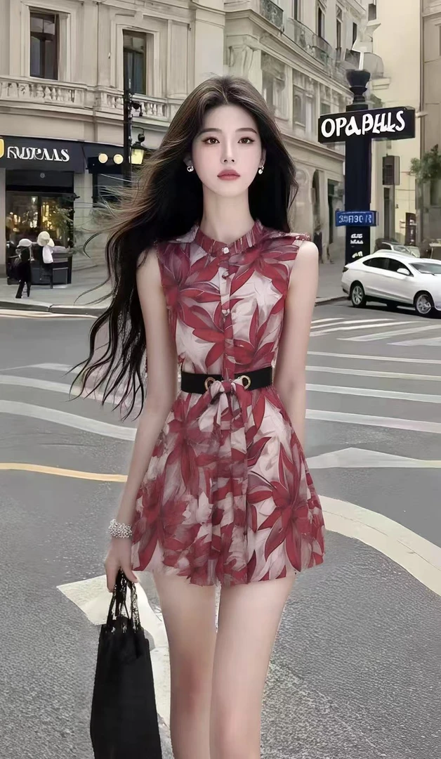 法式时尚气质减龄短裙酒红色印花设计无袖连衣裙女小众显瘦女装