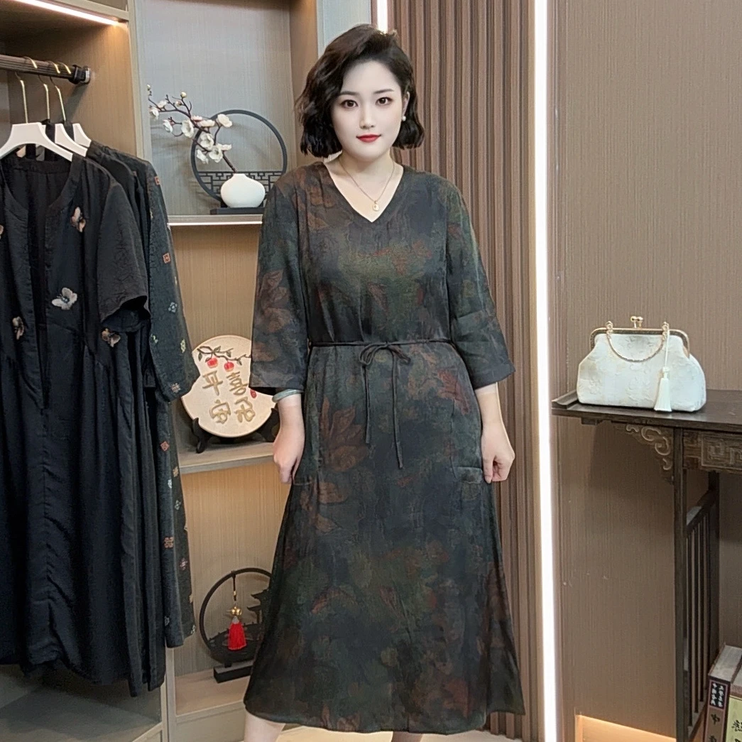 【清婉】2025新款高端素雅双面双穿新中式风格印花遮肉显瘦连衣裙