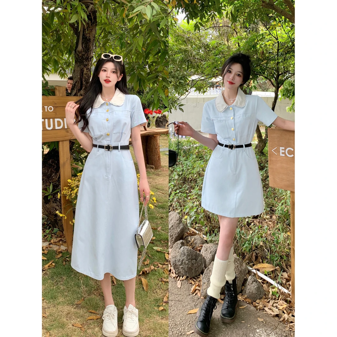 大码女装夏季新款韩版百搭中长款显瘦娃娃领胖MM薄款连衣裙