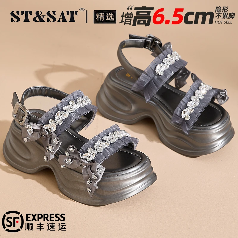 星期六厚底罗马凉鞋女鞋2025秋季小个子蝴蝶结舒适透气松糕沙滩鞋