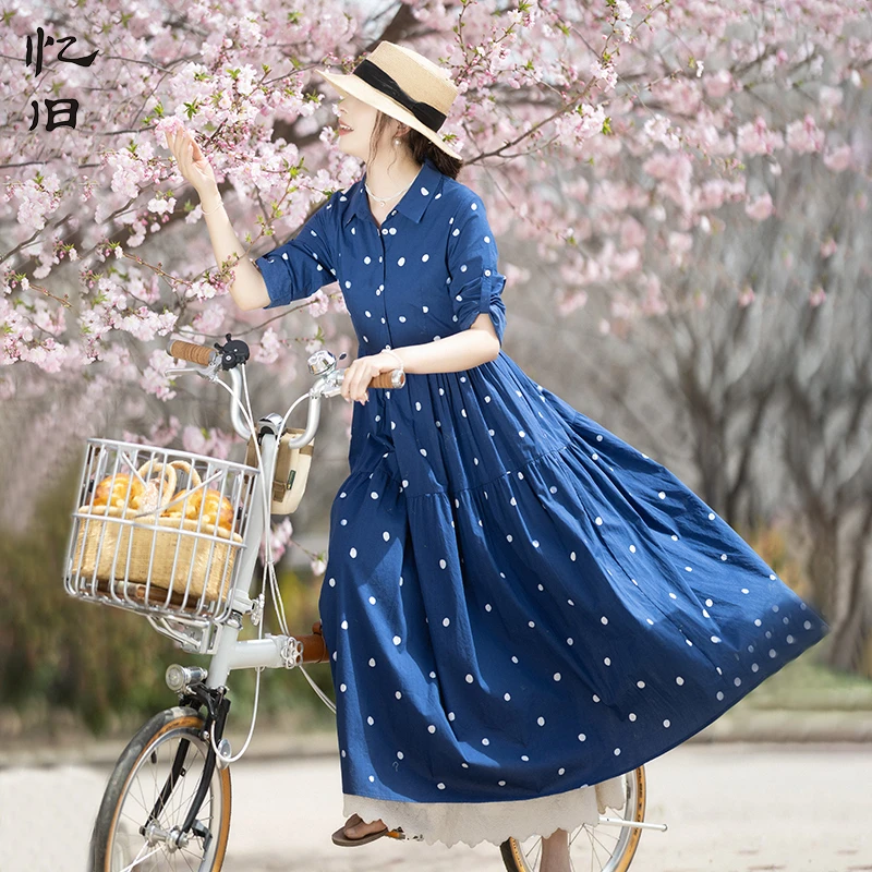 【拾光物语】衬衫领波点连衣裙女文艺蓝色裙2025年春季收腰A字裙